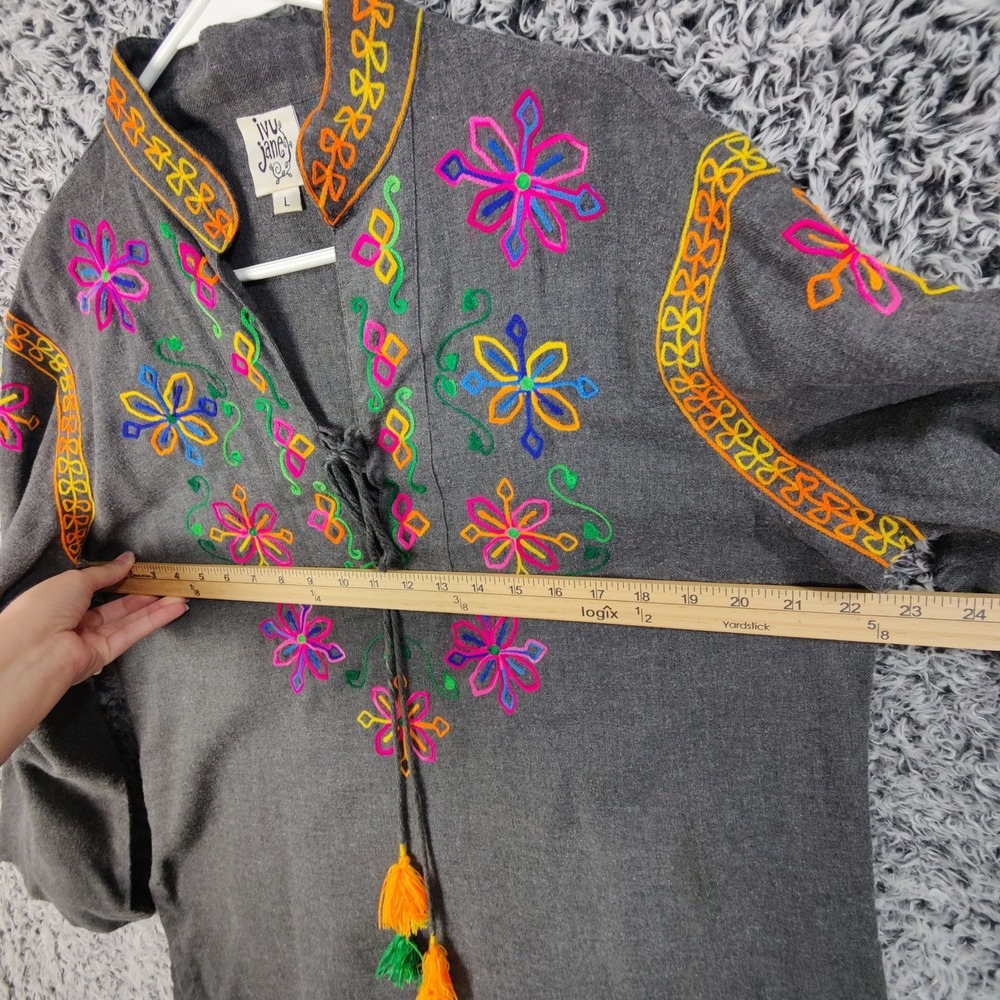 Ivy Jane Women Boho Cottagecore Tunic Top L Gray Embroidered Peasant Blouse - Picture 2 of 11